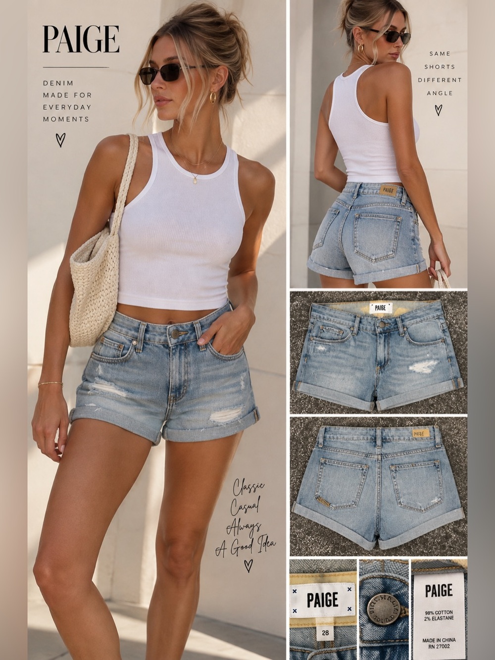 PAIGE Light Wash Distressed Cuffed Denim Shorts Size 28